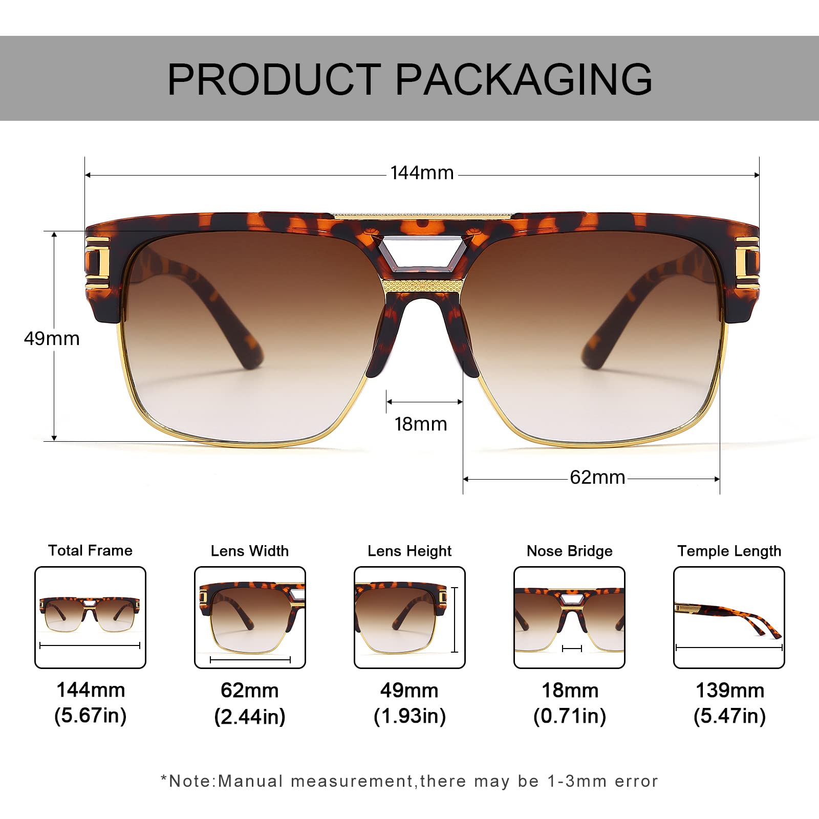 Dollger Square Sunglasses for Men Classic Oversized Sun Glasses Retro Semi Rimless Gold Alloy Frame UV400