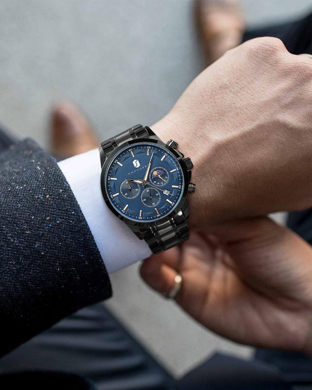 SAPPHERO Chronograph Watches for Men, Original Business Casual Stainless Steel Analog Watch 50M Waterproof Luminous Watches with Date Dial, Mens Gift