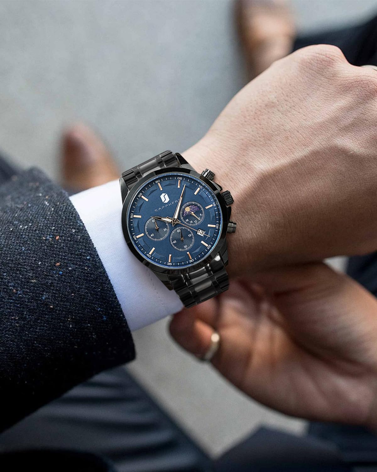 SAPPHERO Chronograph Watches for Men, Original Business Casual Stainless Steel Analog Watch 50M Waterproof Luminous Watches with Date Dial, Mens Gift