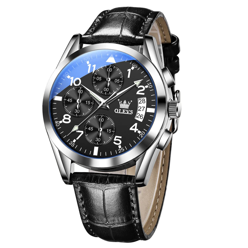 OLEVS Men's Casual Leather Watch, Big Face Chronograph Watch for Men, Fashion Easy to Read Dress Watch, Men's Waterproof Luminous Date Analog Watch, Gold/Black/White/Blue Dial