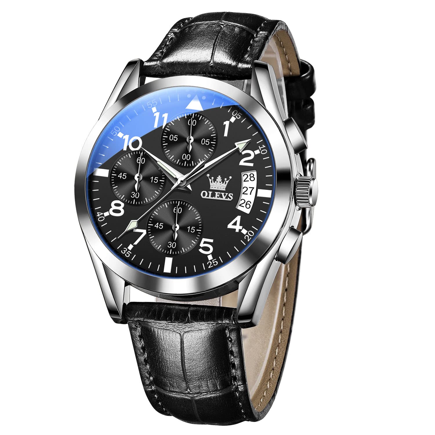OLEVS Men's Casual Leather Watch, Big Face Chronograph Watch for Men, Fashion Easy to Read Dress Watch, Men's Waterproof Luminous Date Analog Watch, Gold/Black/White/Blue Dial