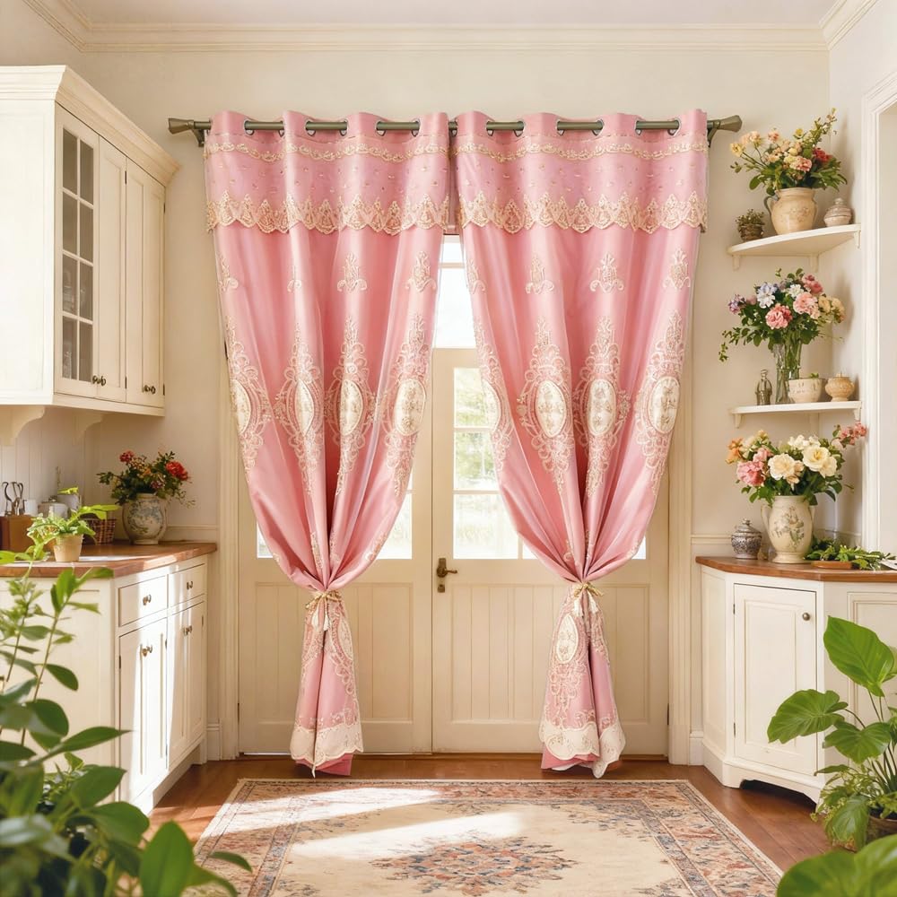 Amidoudou 1 Pair European Double Layer Curtains with Valances for Living Room Bedroom Luxury 3D Flower Embroidered Curtains (Yellow,52x96 Inch)