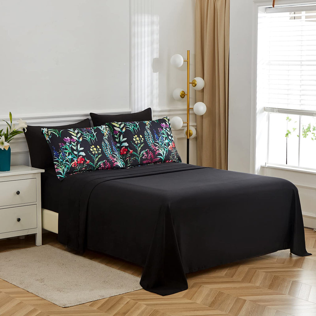 DHSFKBE 7 Piece Bed in a Bag Floral Comforter Set, Botanical Flowers Comforter and Sheet Set, Soft Microfiber Lightweight Bedding Comforter Set for All Season(Dark Floral, King)