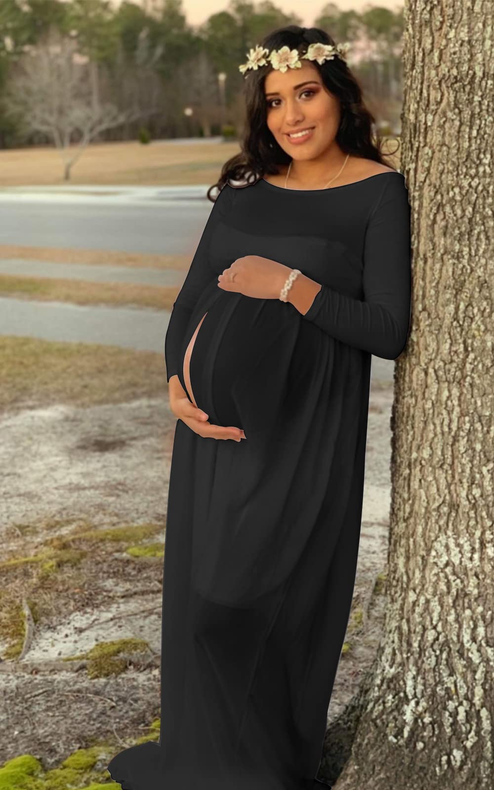 Mommy Jennie Maternity Dress Off Shoulder Long Sleeve Split Front Chiffon Gown for Photoshoot