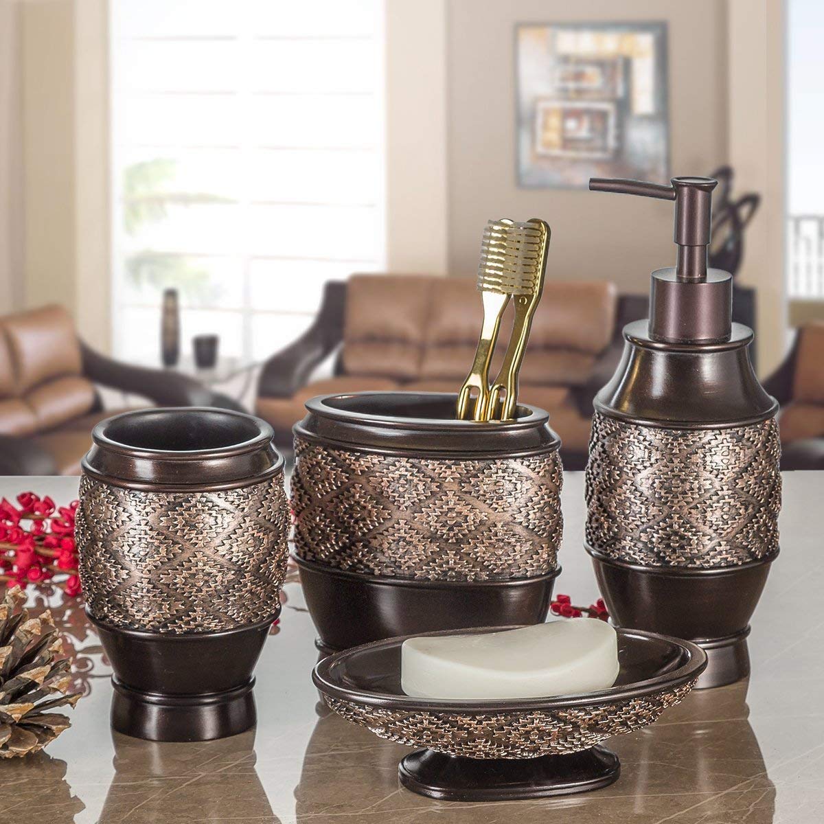 Creative Scents Dublin Brown Bathroom Accessories Set Complete - 4 Pc. Bathroom Sets Accessories, Luxury Bathroom Accessory Set - Soap Dispenser, Soap Dish, Tumbler & Toothbrush Holder Set