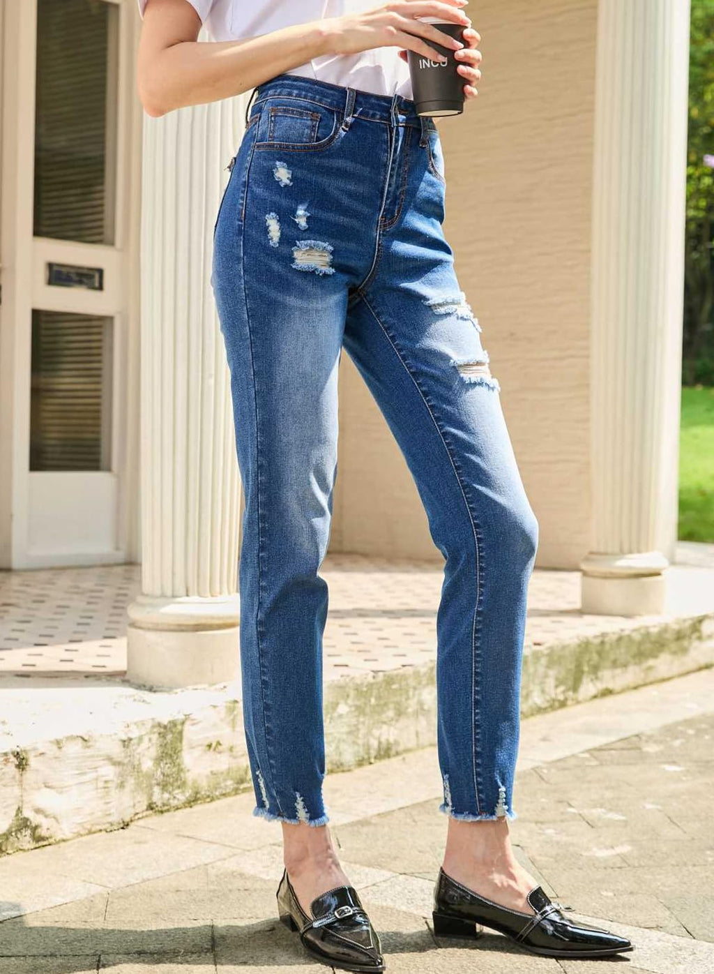 EVALESS Women's High Waisted Tummy Control Straight Ankle Ripped Jeans