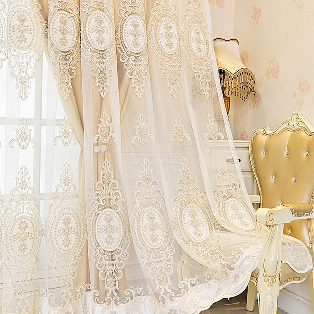 Amidoudou 1 Pair European Double Layer Curtains with Valances for Living Room Bedroom Luxury 3D Flower Embroidered Curtains (Yellow,52x96 Inch)
