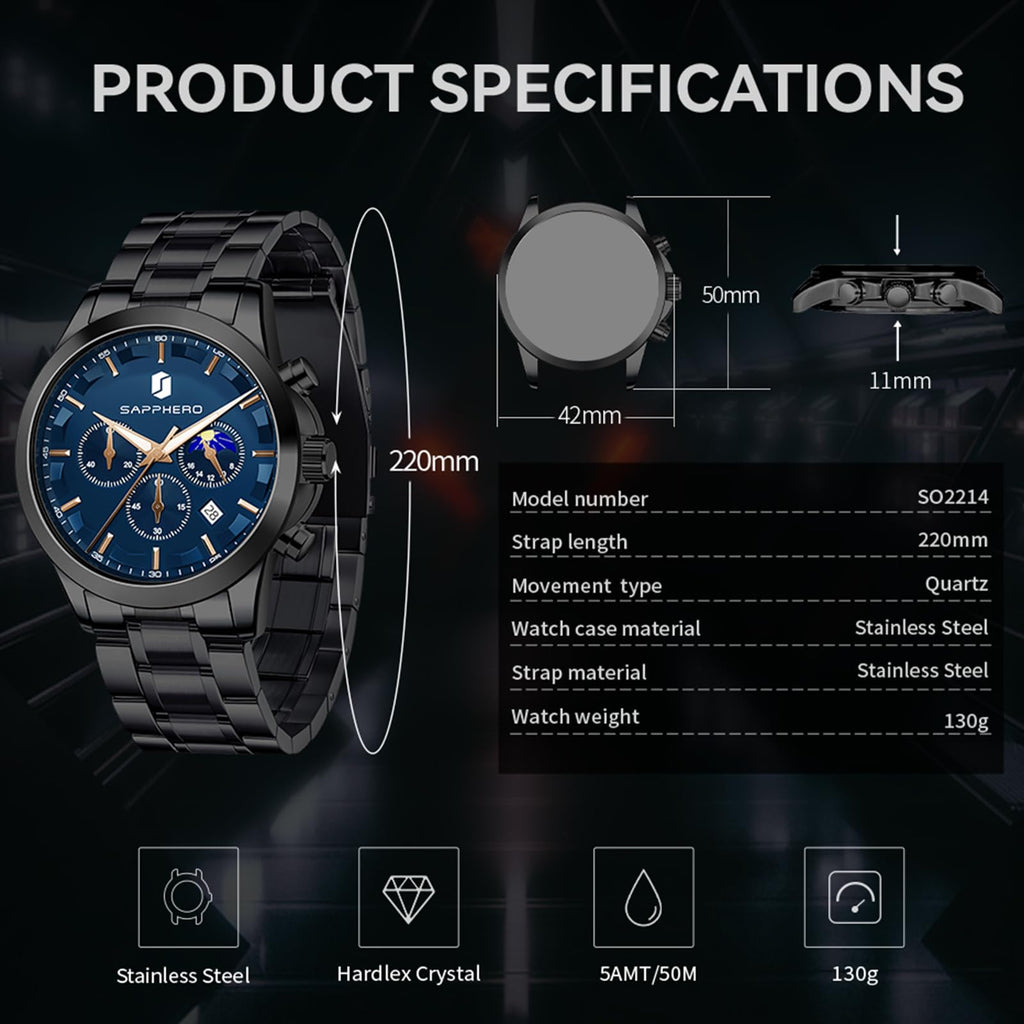SAPPHERO Chronograph Watches for Men, Original Business Casual Stainless Steel Analog Watch 50M Waterproof Luminous Watches with Date Dial, Mens Gift
