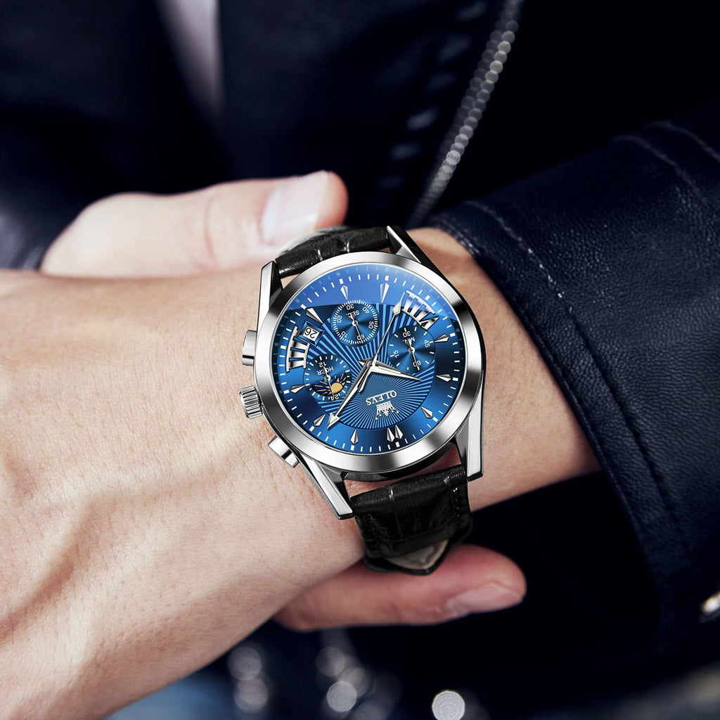 OLEVS Men's Casual Leather Watch, Big Face Chronograph Watch for Men, Fashion Easy to Read Dress Watch, Men's Waterproof Luminous Date Analog Watch, Gold/Black/White/Blue Dial