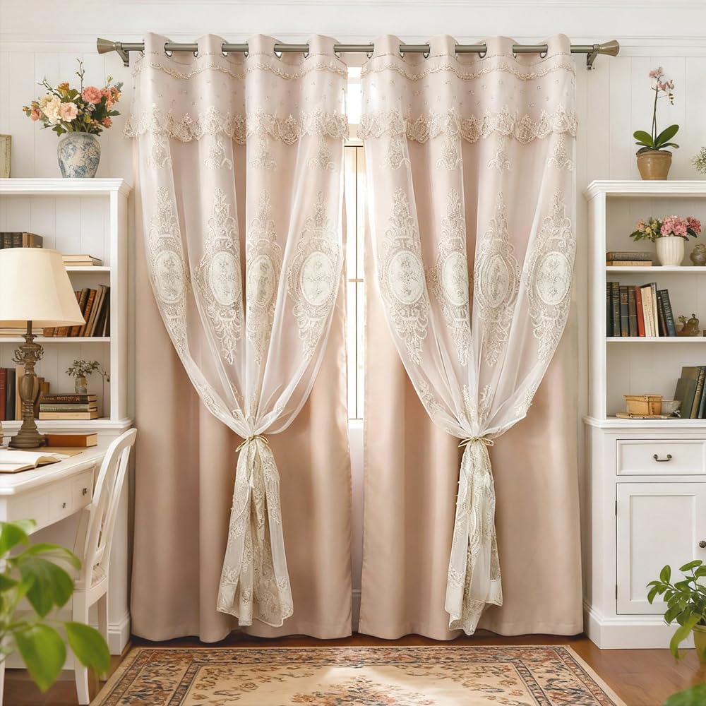Amidoudou 1 Pair European Double Layer Curtains with Valances for Living Room Bedroom Luxury 3D Flower Embroidered Curtains (Yellow,52x96 Inch)