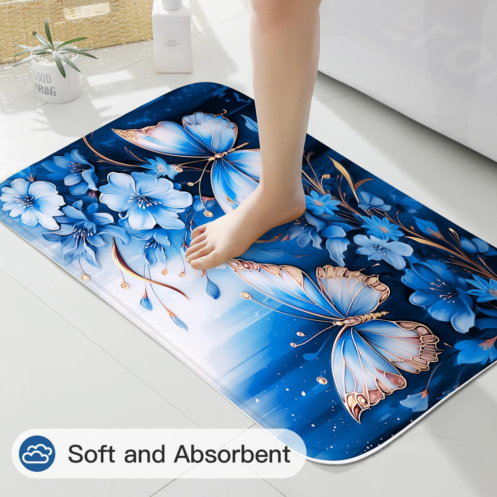 Litabel 4 Pcs Black Floral Butterfly Shower Curtain Set with Non-Slip Rugs, White Gold Modern Toilet Lid Cover and Bath Mat, Elegant Bathroom Decor Set (Hooks Not Included)