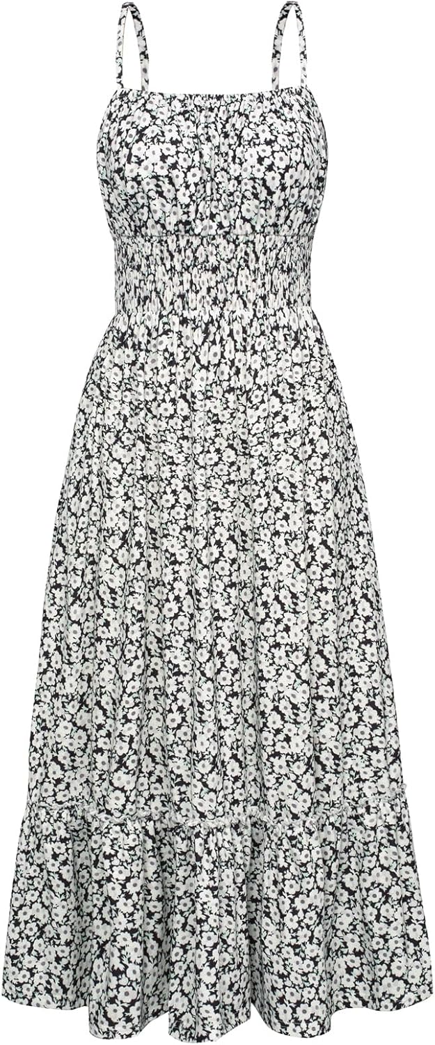 GRACE KARIN Summer Dresses for Women 2026 Vacation,Smocked Floral Maxi Dress,Boho Beach Sundress with Pocket Fashion Clothing
