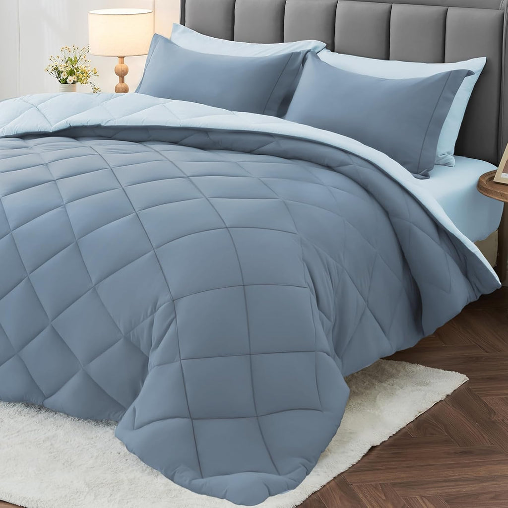 MUXHOMO 7 Pieces King Comforter Set, Reversible Bed in a Bag King Size, All Season Bedding Set with Comforter, Flat Sheet, Fitted Sheet, Pillowcases & Shams, Red & Black