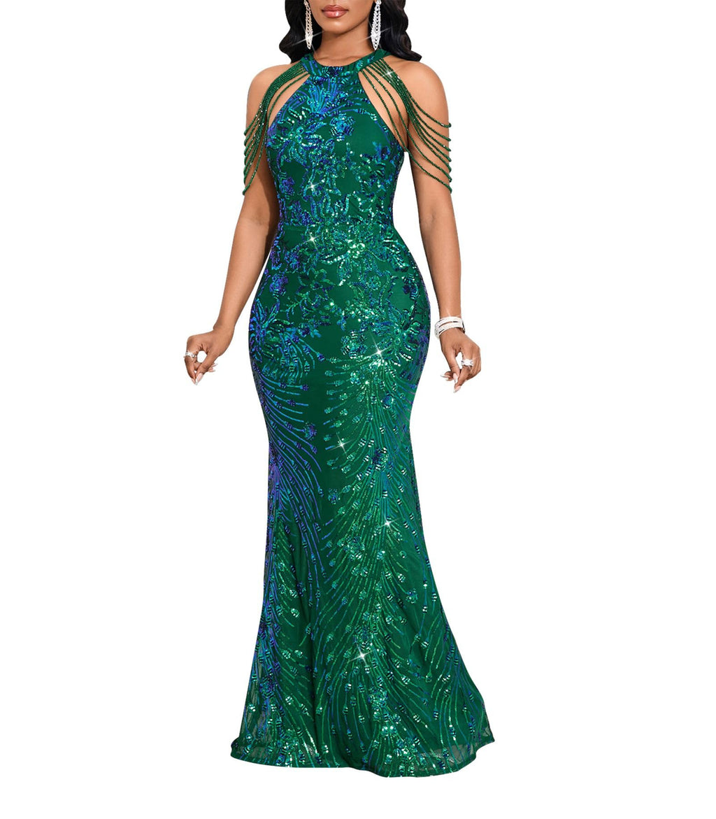 Cololura Women Sexy Elegant Sequin Tassel Off Shoulder Halter Bodycon Maxi Dress Party Evening Gown Formal Dress
