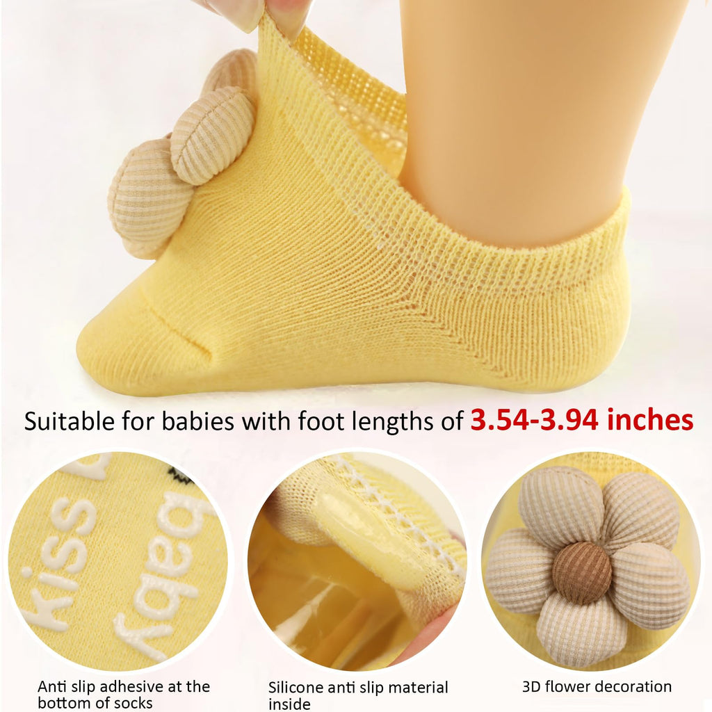 KEAINVRN 4Packs Baby Girls Socks,Flower Non-Slip Grips for Babies Toddler Princess Low Cut Ankle Socks for Girls