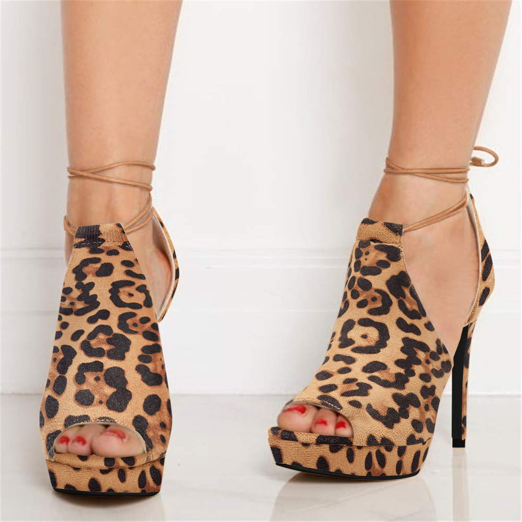 Womens Peep Toe Platform Heels Sexy Sandals Strappy Lace Up Tie Stilettos Dress Pumps Shoes