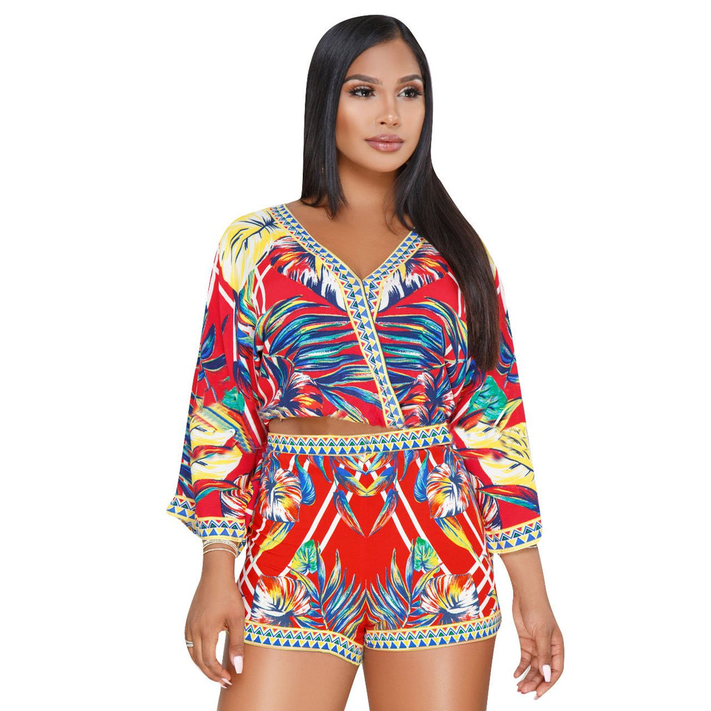Sexy Two Piece Shorts Set - African Floral Jumpsuits Rompers Vacation Club Outfit