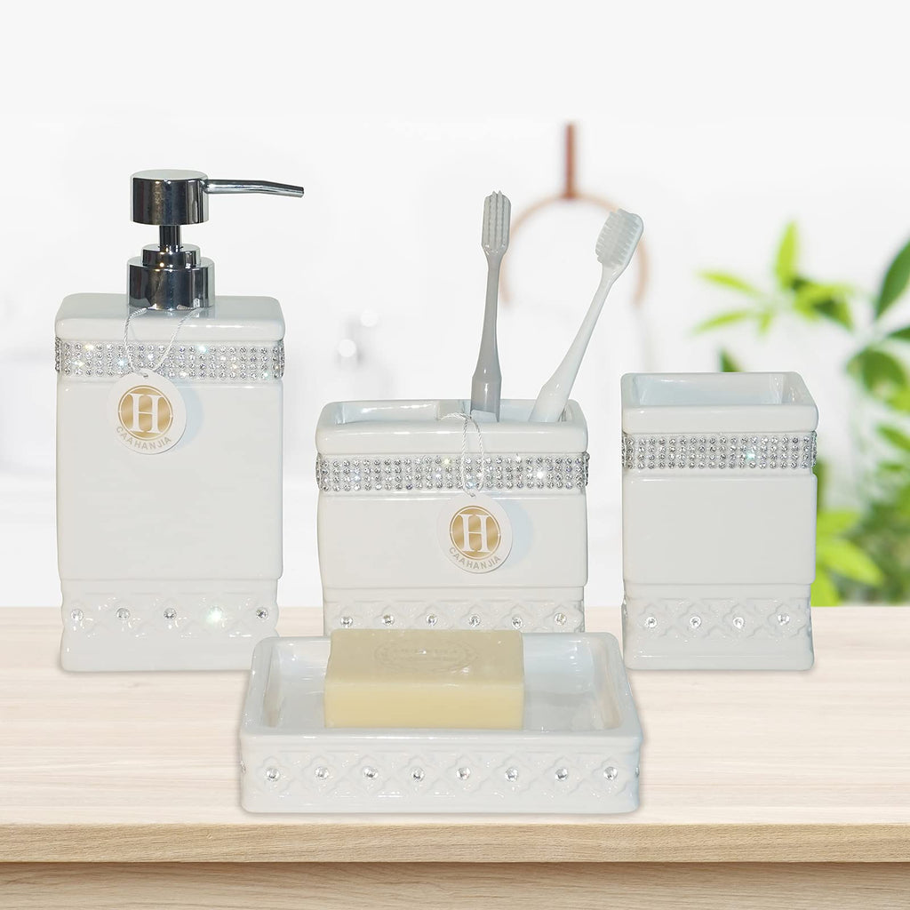Bathroom Accessories Set 4 Pcs-Ceramic Gift Set Soap Dispenser Pump & Toothbrush Holder & Tumbler Cup & Soap Dish - Bathroom Home Decor Clearance, Countertop Vanity Organize (15 Ounce)