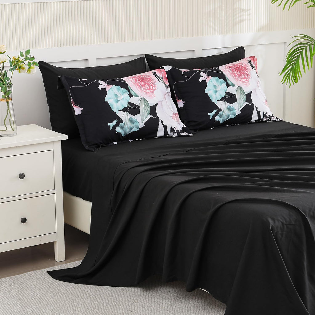 Yogeneg 7 Piece Bed in a Bag King Size Comforter Set Black Bedding Set,Gold Butterfly Leaves Printed on Black Reversible Design,Soft Microfiber Comforter with Sheet Set,All Season(Butterfly,King)