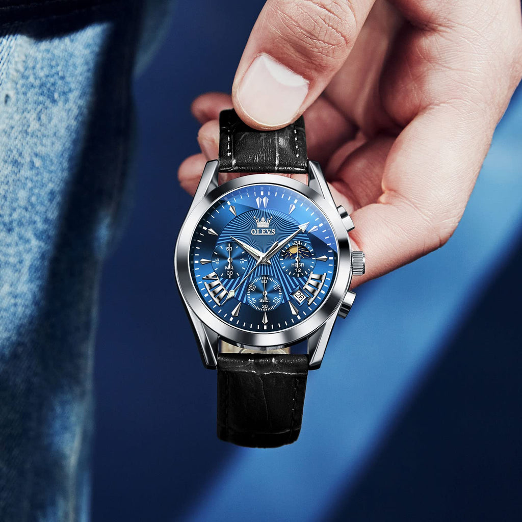 OLEVS Men's Casual Leather Watch, Big Face Chronograph Watch for Men, Fashion Easy to Read Dress Watch, Men's Waterproof Luminous Date Analog Watch, Gold/Black/White/Blue Dial