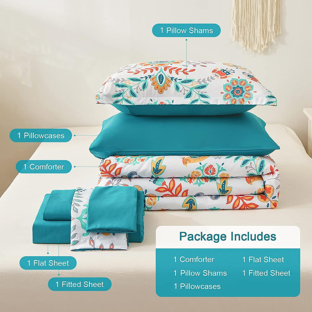 DHSFKBE 7 Piece Bed in a Bag Floral Comforter Set, Botanical Flowers Comforter and Sheet Set, Soft Microfiber Lightweight Bedding Comforter Set for All Season(Dark Floral, King)