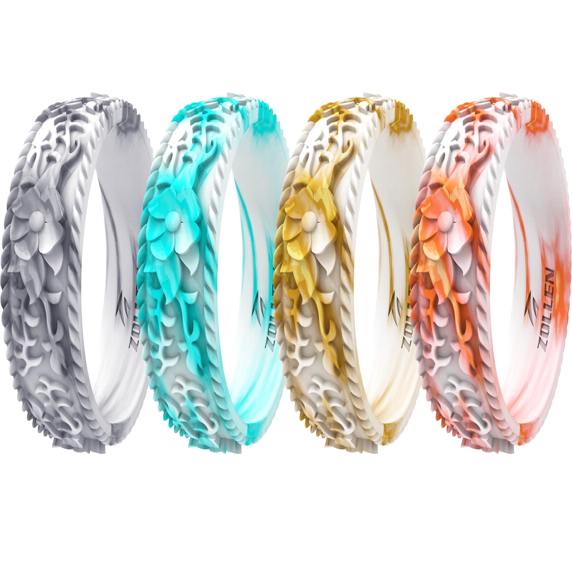Silicone Wedding Rings for Women 1/4/7 Packs -Stackable Silicone Rubber Wedding Bands - Innovative Flower & Vine Collection