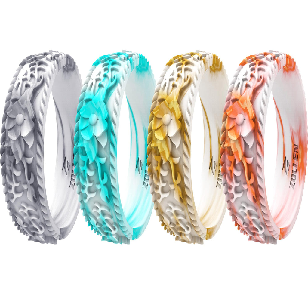 Silicone Wedding Rings for Women 1/4/7 Packs -Stackable Silicone Rubber Wedding Bands - Innovative Flower & Vine Collection
