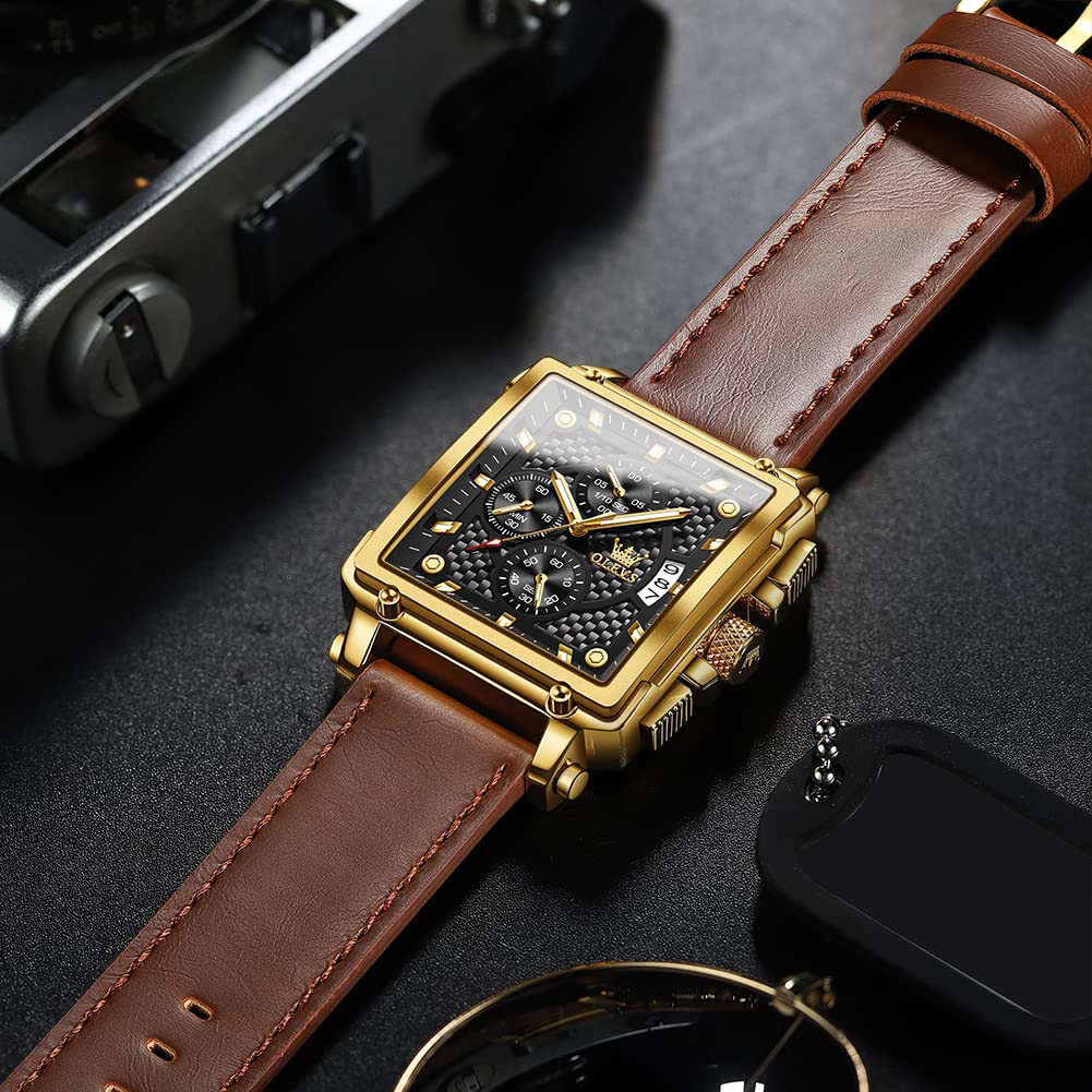 OLEVS Men's Casual Leather Watch, Big Face Chronograph Watch for Men, Fashion Easy to Read Dress Watch, Men's Waterproof Luminous Date Analog Watch, Gold/Black/White/Blue Dial