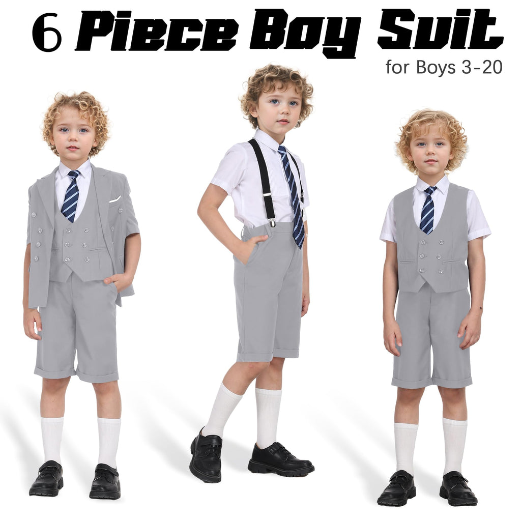 Short Suits for Boys Kid 6 Pieces Summer Tuxedo Formal Suit Beach Wedding Outfit for Teens Jacket Vest Shorts Pants Set