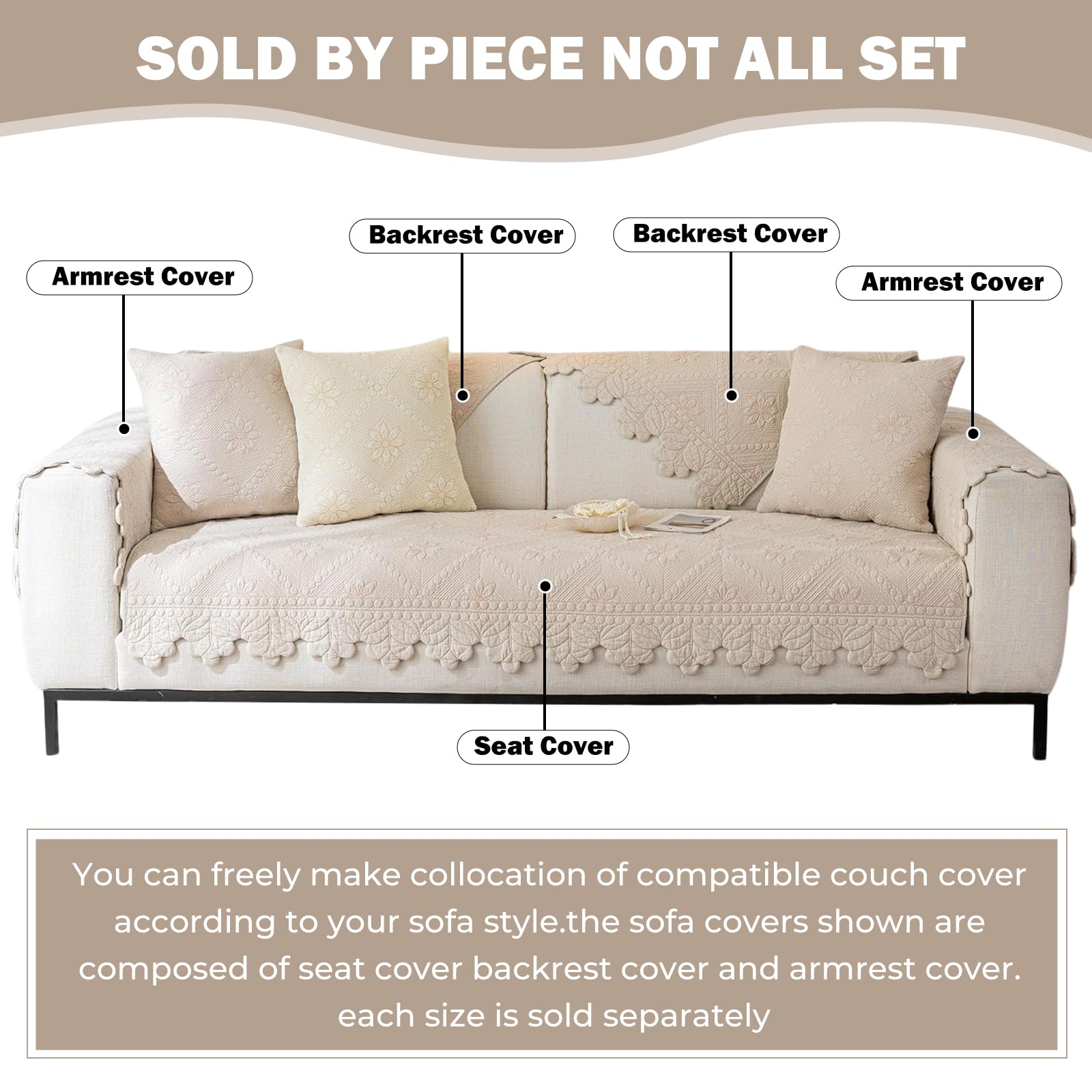 Cotton Quilted Dog Couch Cover for Sofa Farmhouse Rustic Embroidery Sectional Couch Cover Soft Anti-Slip Sofa Slipcover Furniture Protector for Kids, Pets (Khaki,36"x36")