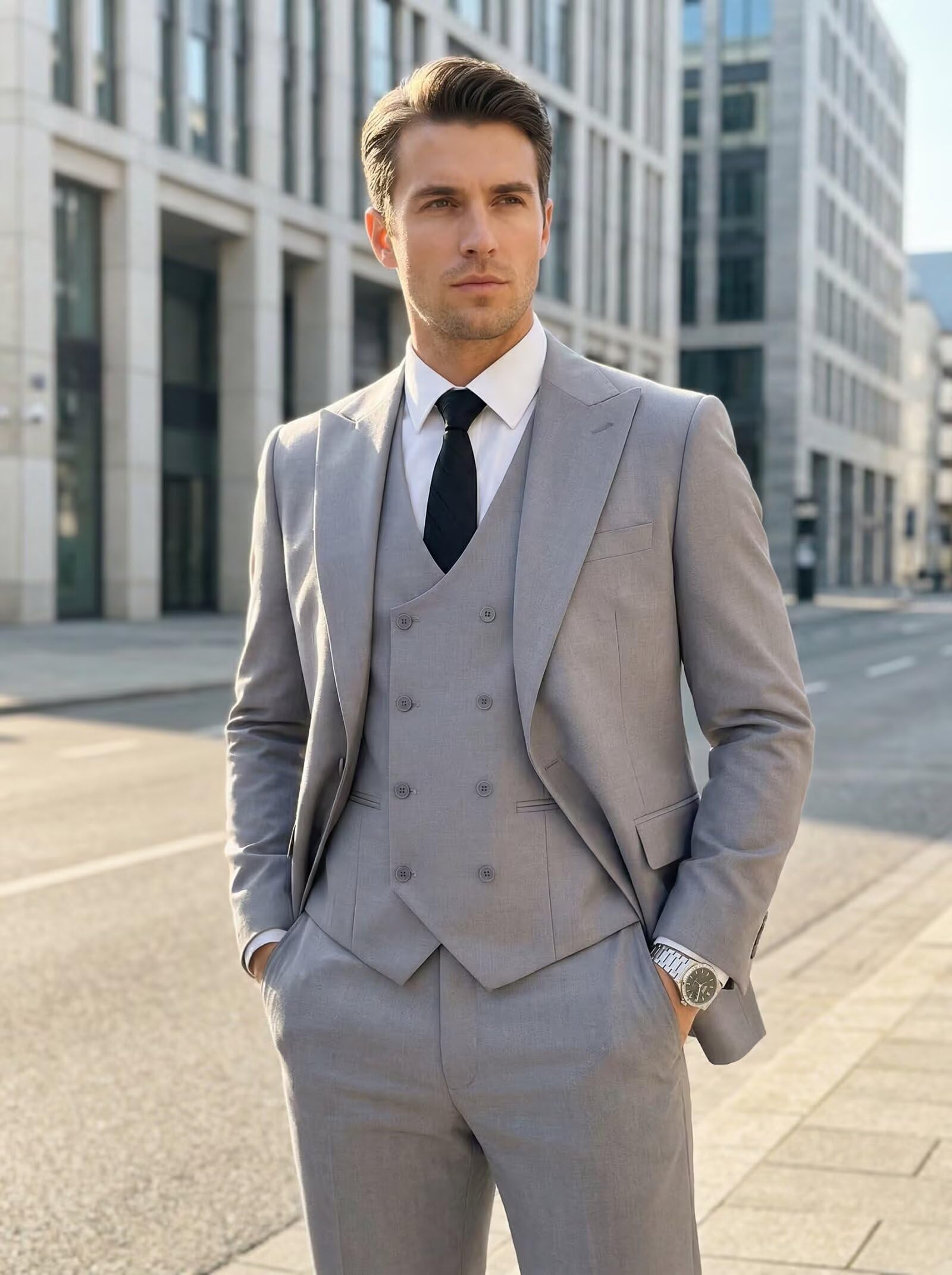 Mens Suit 3 Piece Double Breasted Suit Men Formal Business Tuxedos Blazer Vest Pants Set for Wedding Party Dinner