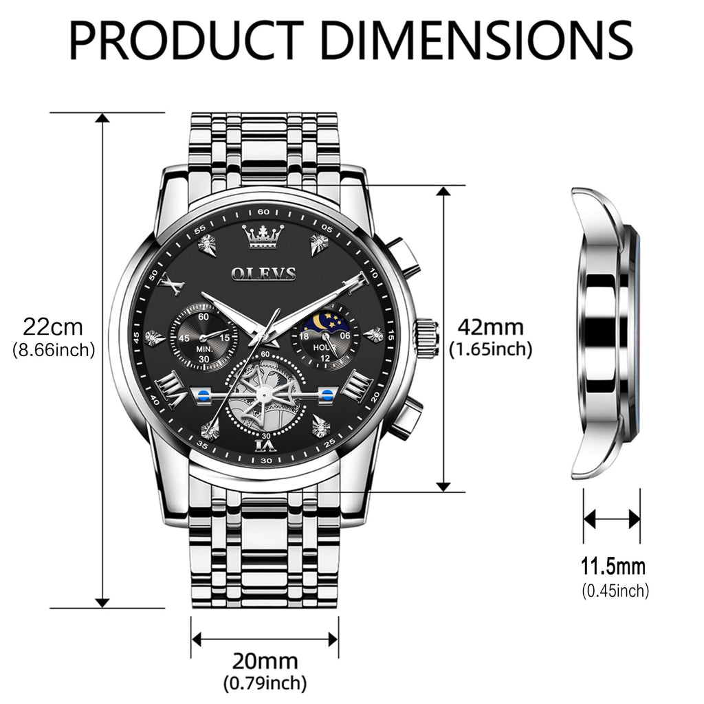 OLEVS Watches Men Waterproof Luxury Big Face Mens Watch Stainless Steel Quartz Analog Dress Watches for Men Luminous Multifunction Man Watch Relojes De Hombre