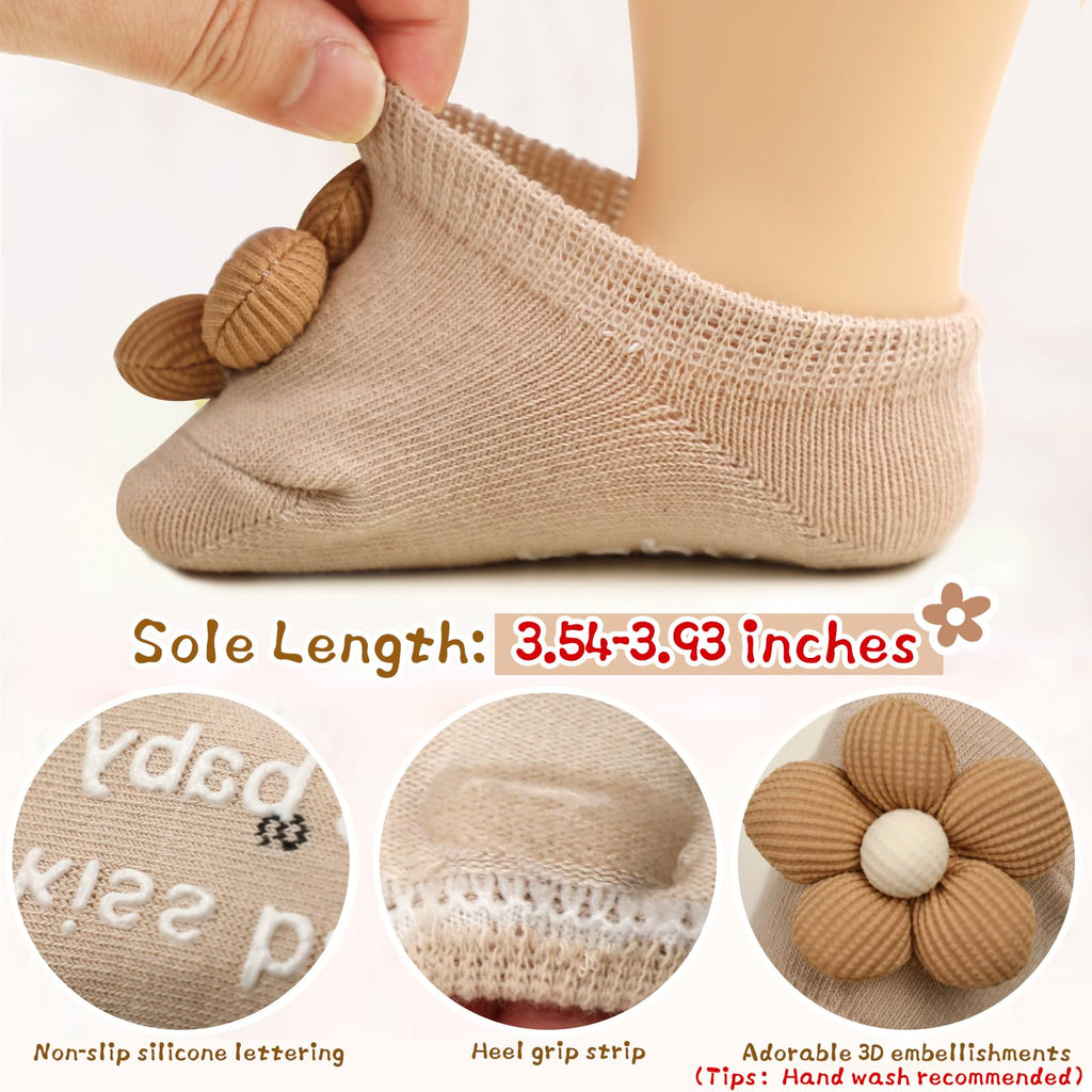 KEAINVRN 4Packs Baby Girls Socks,Flower Non-Slip Grips for Babies Toddler Princess Low Cut Ankle Socks for Girls