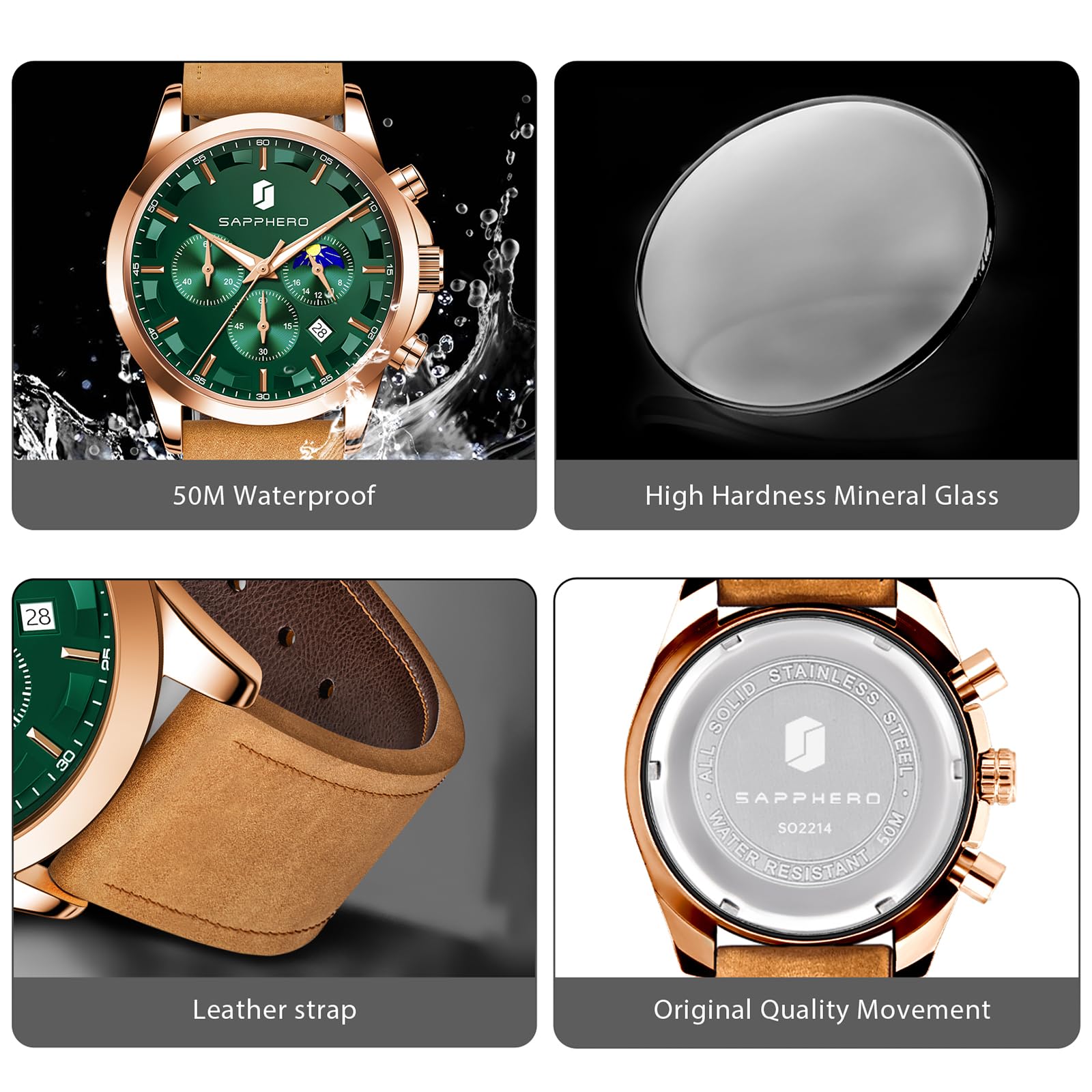 SAPPHERO Chronograph Watches for Men, Original Business Casual Stainless Steel Analog Watch 50M Waterproof Luminous Watches with Date Dial, Mens Gift