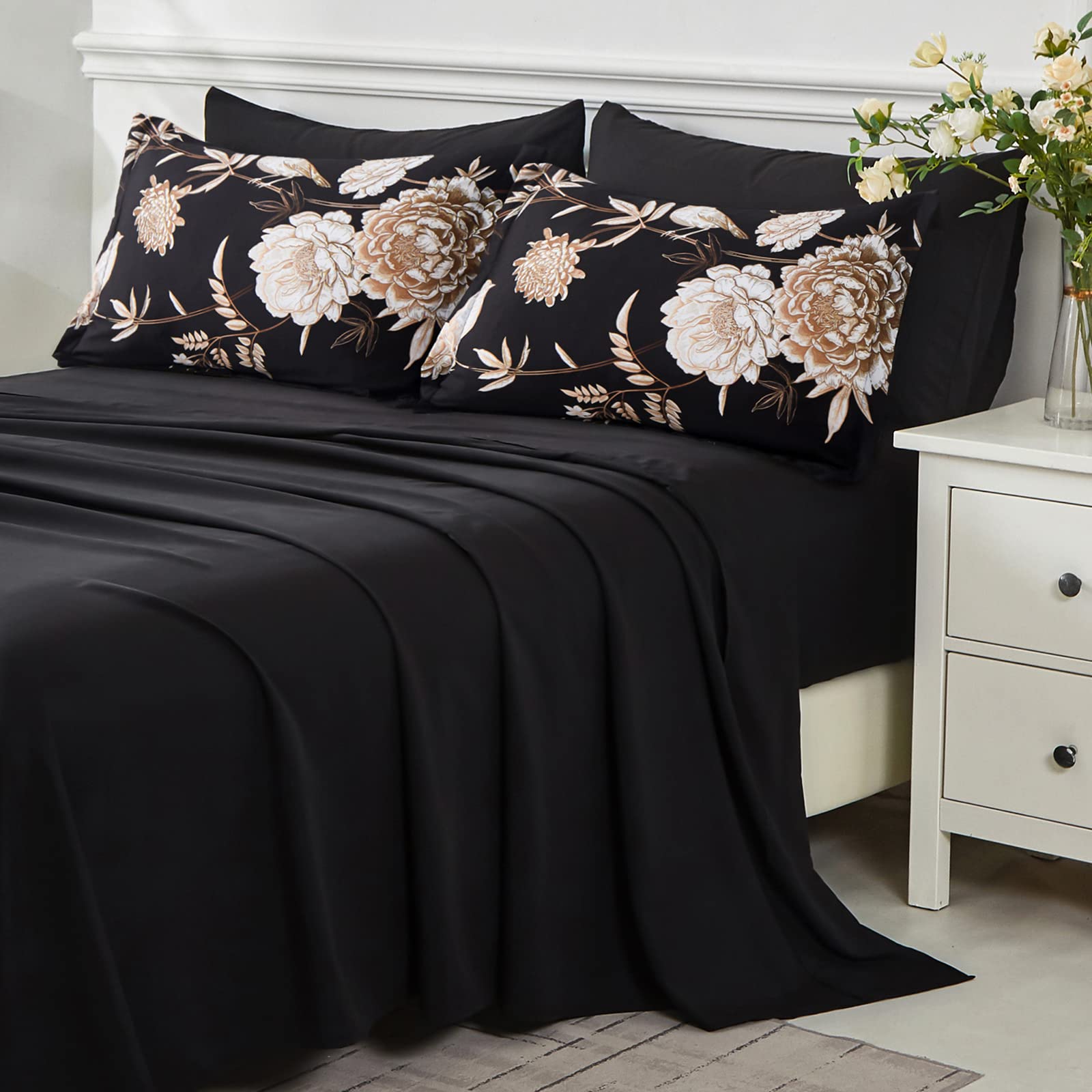 Yogeneg 7 Piece Bed in a Bag King Size Comforter Set Black Bedding Set,Gold Butterfly Leaves Printed on Black Reversible Design,Soft Microfiber Comforter with Sheet Set,All Season(Butterfly,King)