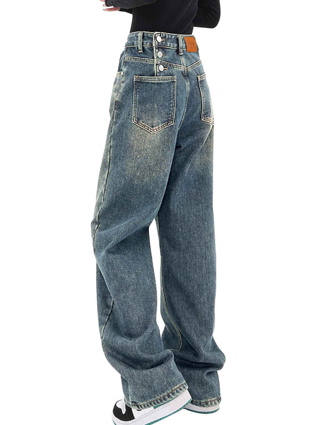 EMMIOL Women Baggy Jeans Mid-Low Waist Boyfriend Streetwear Vintage Jeans Wide Leg Denim Pants