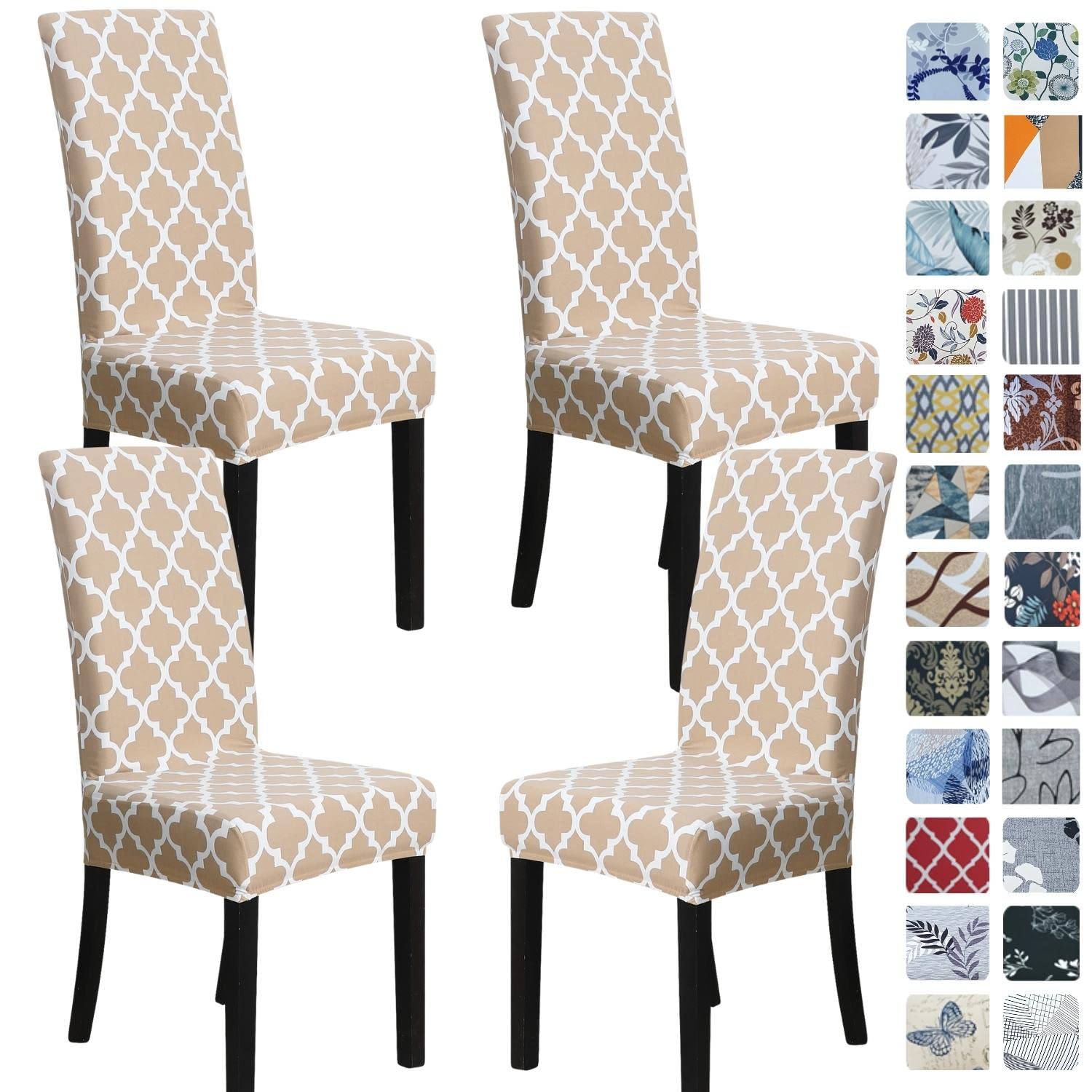 SPRINGRICO Chair Covers for Dining Room 6 Pack, Stretch Dining Chair Cover, Washable Spandex Kitchen Parsons Chair Slipcovers, Removable Seat Protector for Home or Party (Set of 6, Floral Beige)