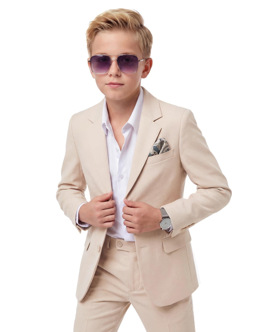 WULFUL Boys' Slim Fit Suit 3 Pieces:Jacket, Pants, Shirt,Summer Suit Set for Teens Boys Wedding Beach
