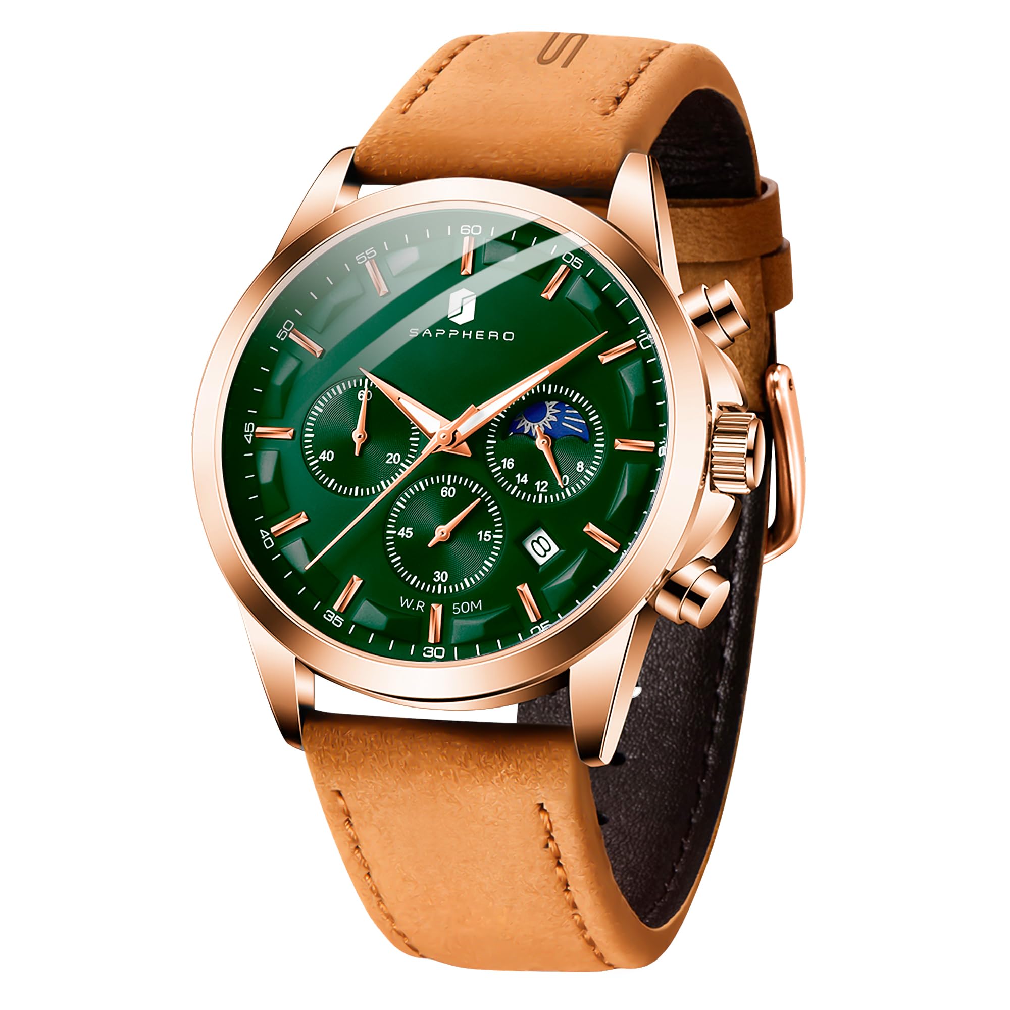 SAPPHERO Chronograph Watches for Men, Original Business Casual Stainless Steel Analog Watch 50M Waterproof Luminous Watches with Date Dial, Mens Gift