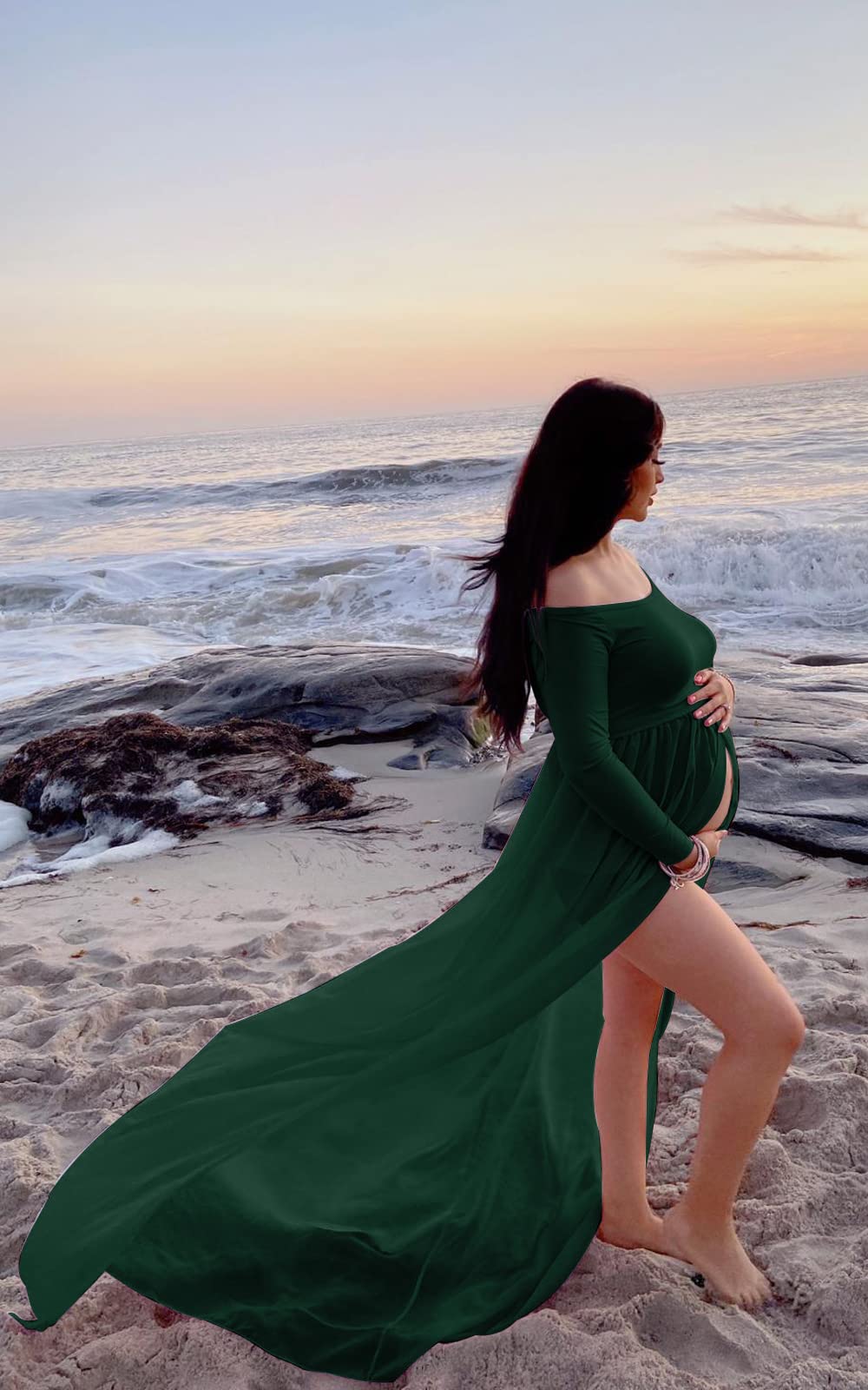 Mommy Jennie Maternity Dress Off Shoulder Long Sleeve Split Front Chiffon Gown for Photoshoot
