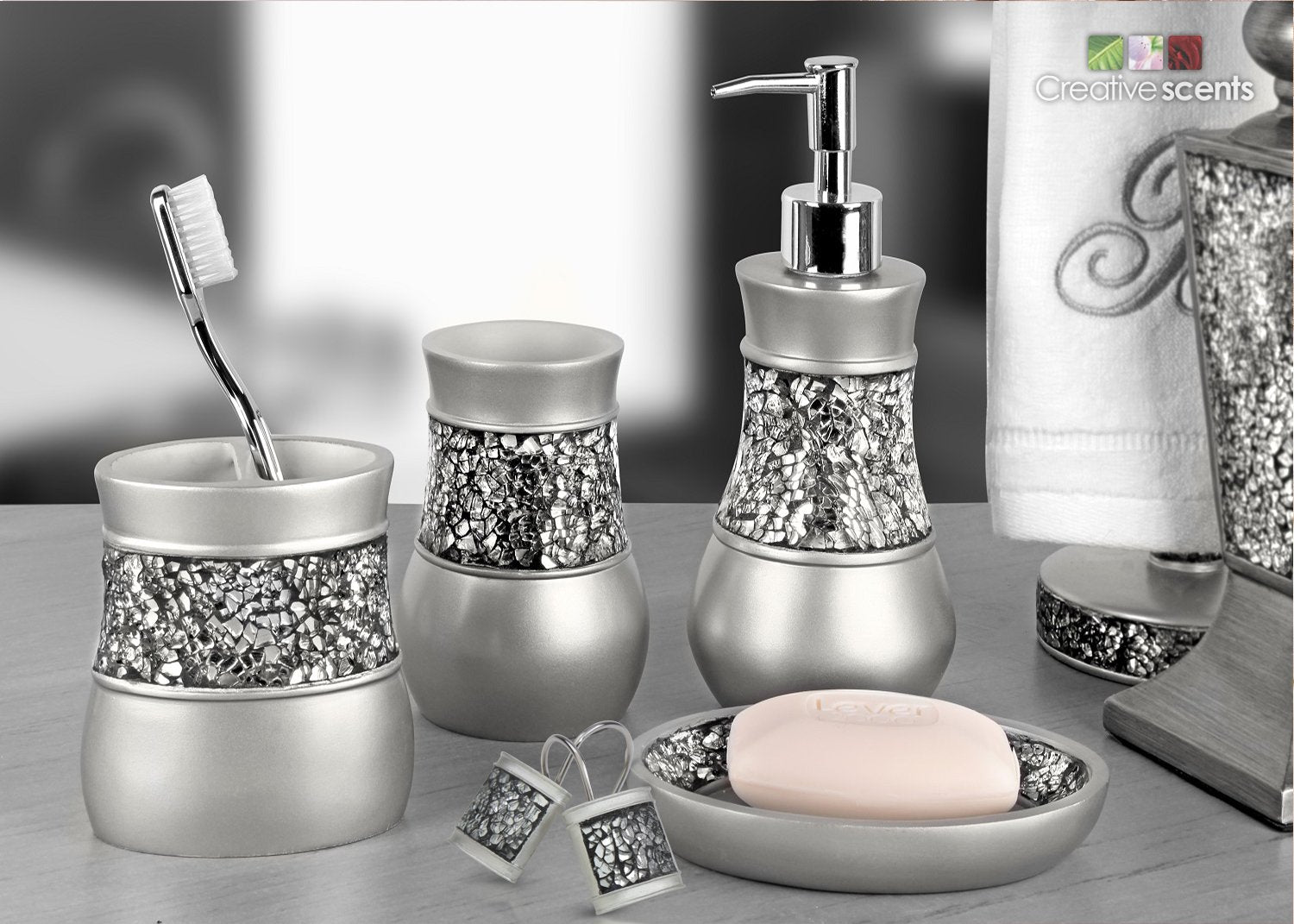 Creative Scents Crackled Glass Silver Bathroom Accessory Set – 4-Piece Vanity Set Includes: Lotion Soap Dispenser, Toothbrush Holder, Tumbler, and Soap Dish