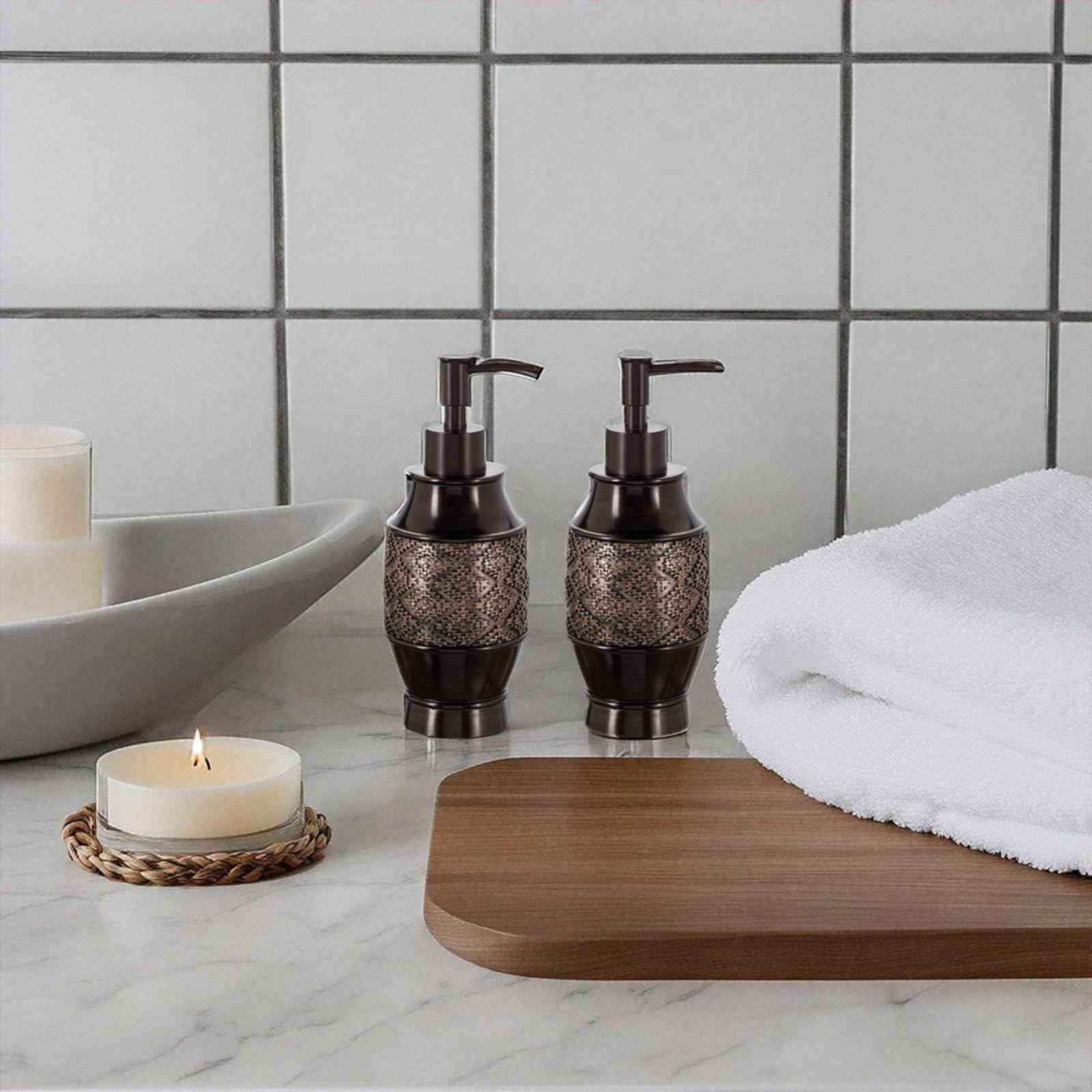 Creative Scents Dublin Brown Bathroom Accessories Set Complete - 4 Pc. Bathroom Sets Accessories, Luxury Bathroom Accessory Set - Soap Dispenser, Soap Dish, Tumbler & Toothbrush Holder Set
