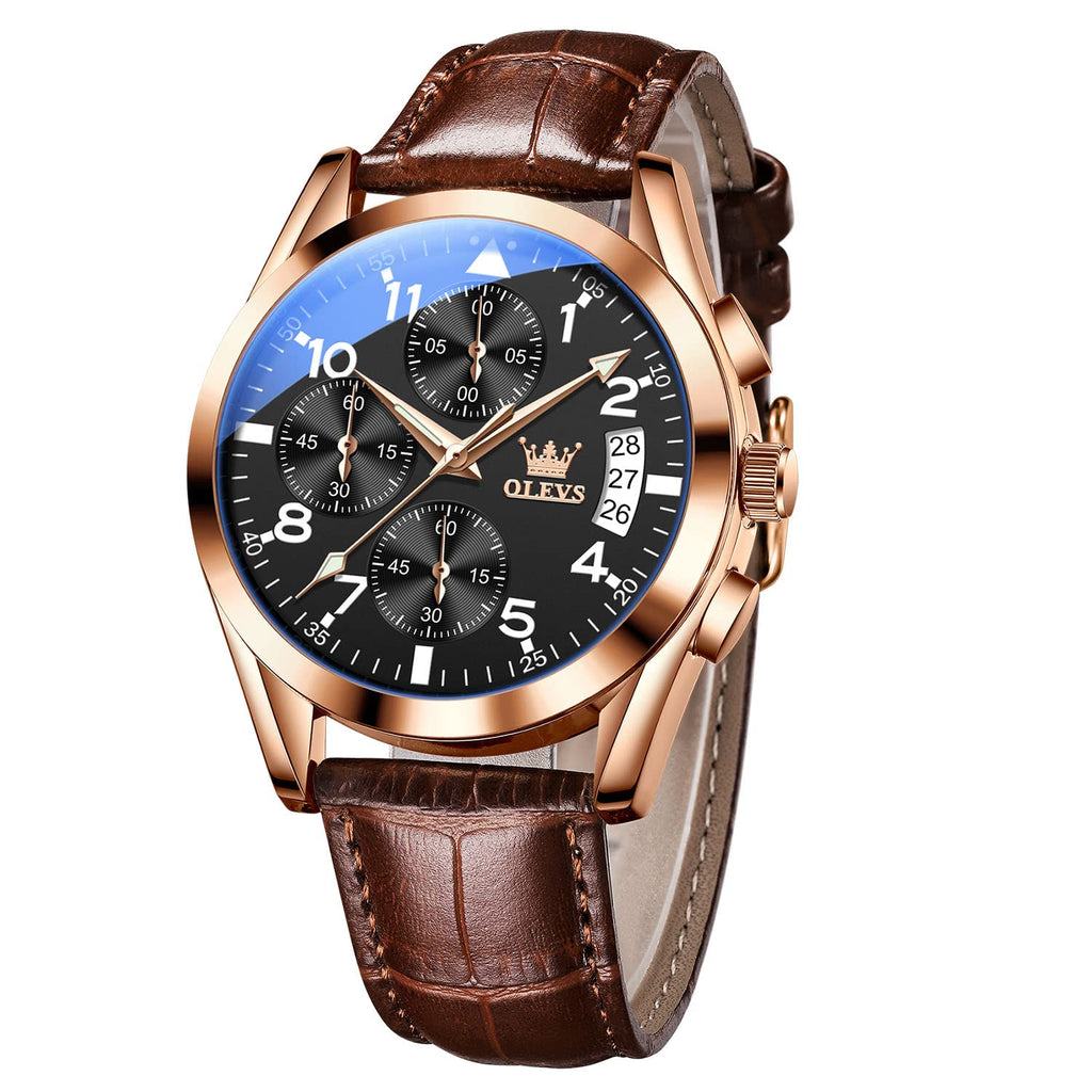 OLEVS Men's Casual Leather Watch, Big Face Chronograph Watch for Men, Fashion Easy to Read Dress Watch, Men's Waterproof Luminous Date Analog Watch, Gold/Black/White/Blue Dial