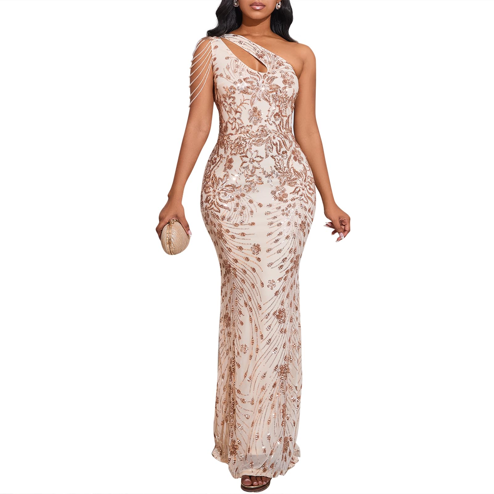 Cololura Women Sequin Elegant Sexy One Shoulder Tassel Mermaid Bodycon Cocktail Evening Dress