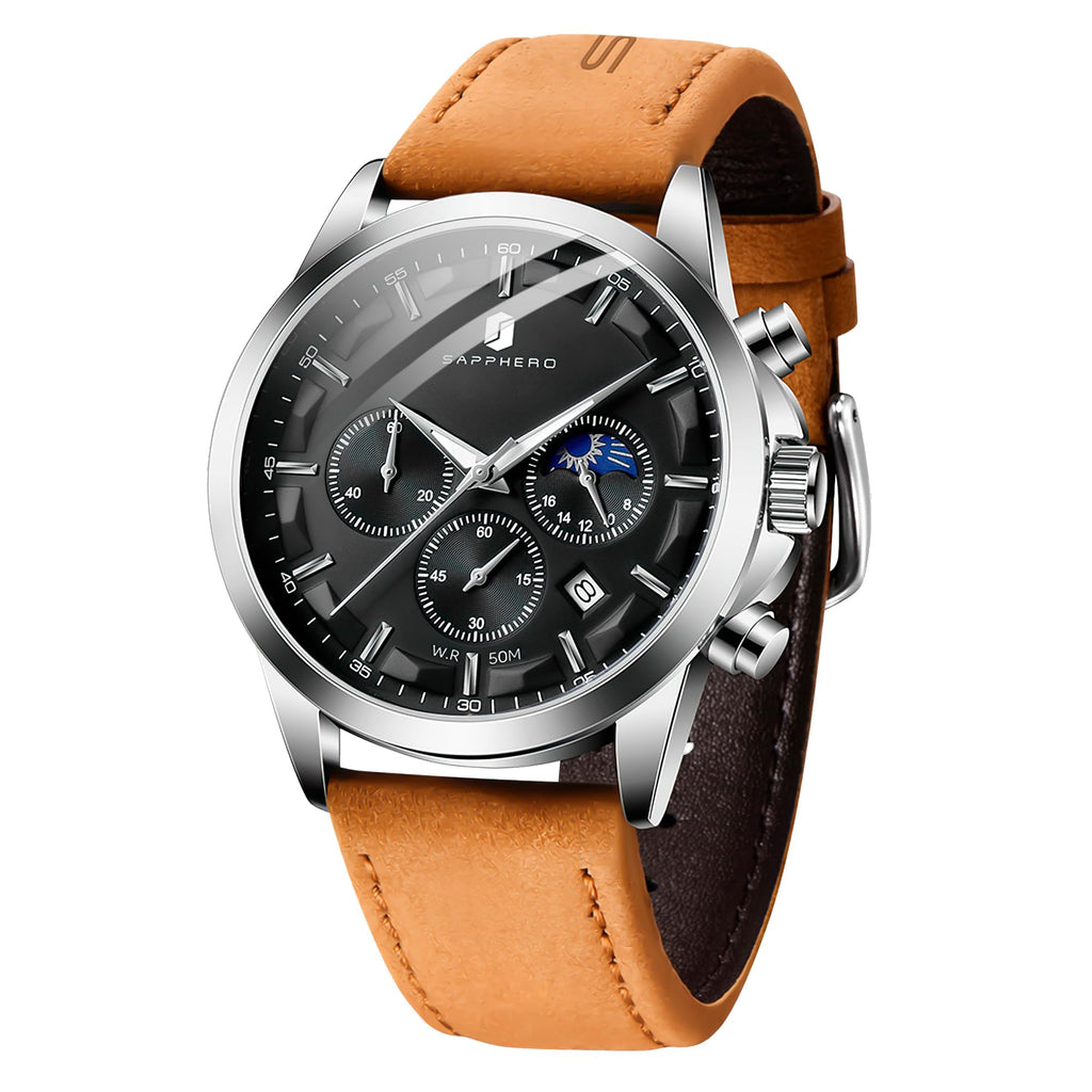 SAPPHERO Chronograph Watches for Men, Original Business Casual Stainless Steel Analog Watch 50M Waterproof Luminous Watches with Date Dial, Mens Gift