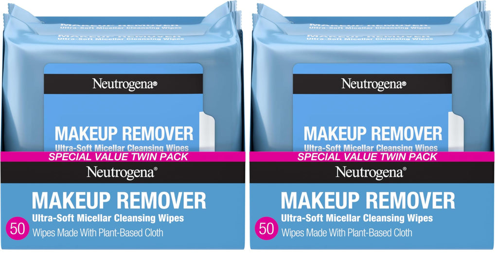 Neutrogena Makeup Remover Wipes Micellar Alcohol-Free Face Towelettes Remove Waterproof Mascara & Oil, Compostable 100% Plant-Based Cloth, Dermatologist & Ophthalmologist Tested, Twin Pack 2 x 25 ct