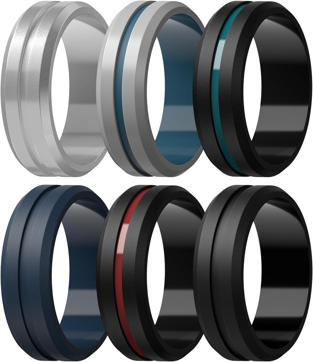 Egnaro Men's Silicone Ring 1/4/6 Multipack, Workout Travel Rubber Wedding Bands For Him, 8mm Width 2mm Thickness