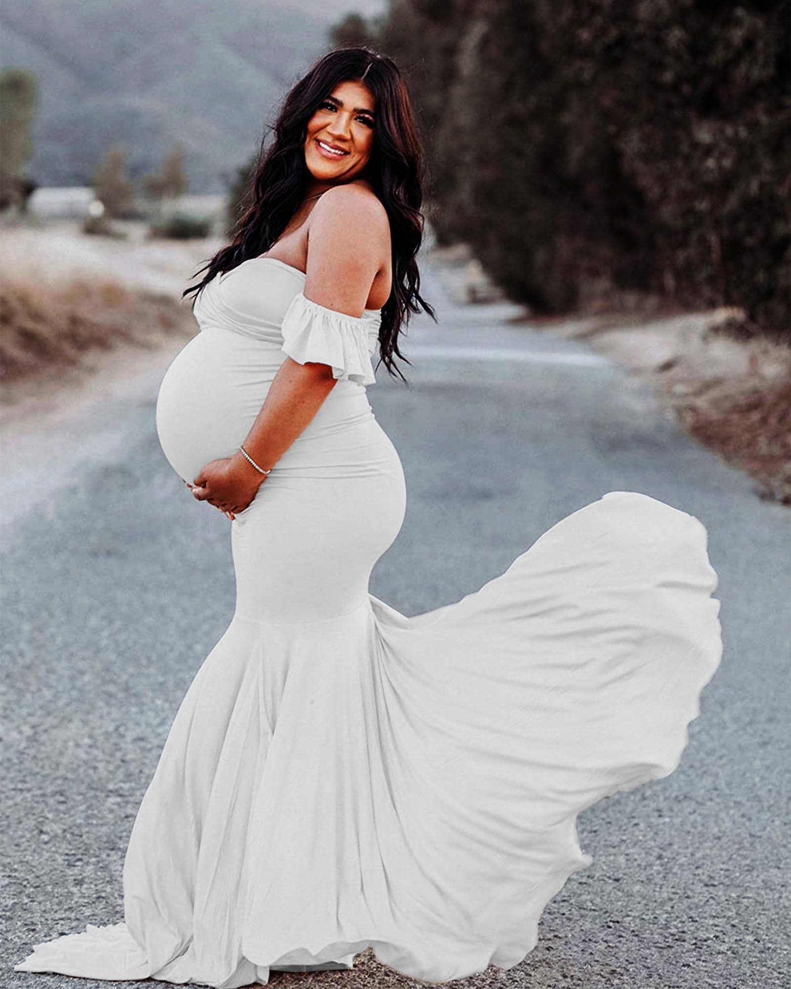 Saslax Off Shoulder Ruffle Sleeves Elegant Fitted Maxi Maternity Dress for Photoshoot Baby Shower