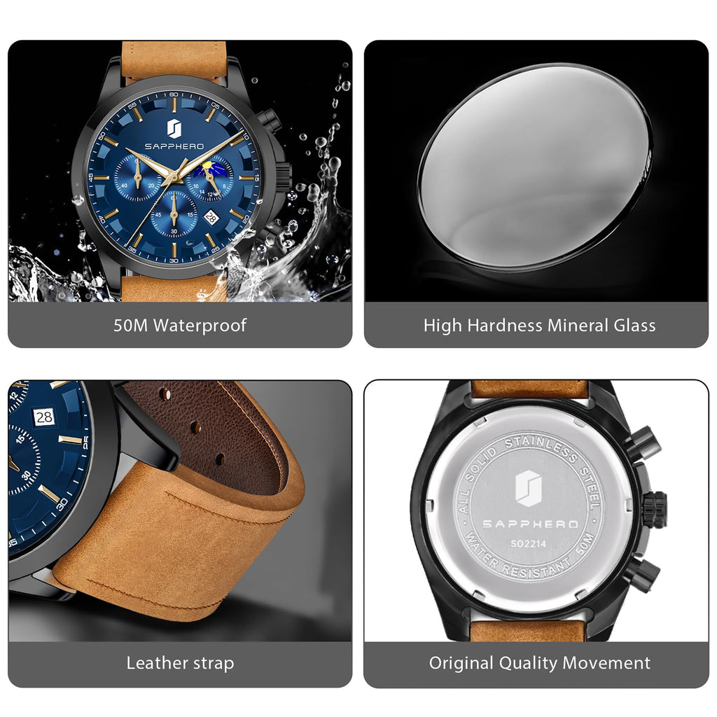 SAPPHERO Chronograph Watches for Men, Original Business Casual Stainless Steel Analog Watch 50M Waterproof Luminous Watches with Date Dial, Mens Gift
