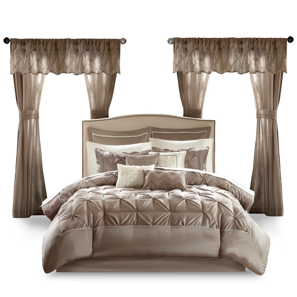 Madison Park Essentials Room in a Bag Faux Silk Comforter Set - Luxe Diamond Tufting All Season Bedding, Matching Curtains, Decorative Pillows, Taupe King(104"x92") 24 Piece